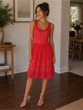 Sleeveless Red Lace Midi Dress